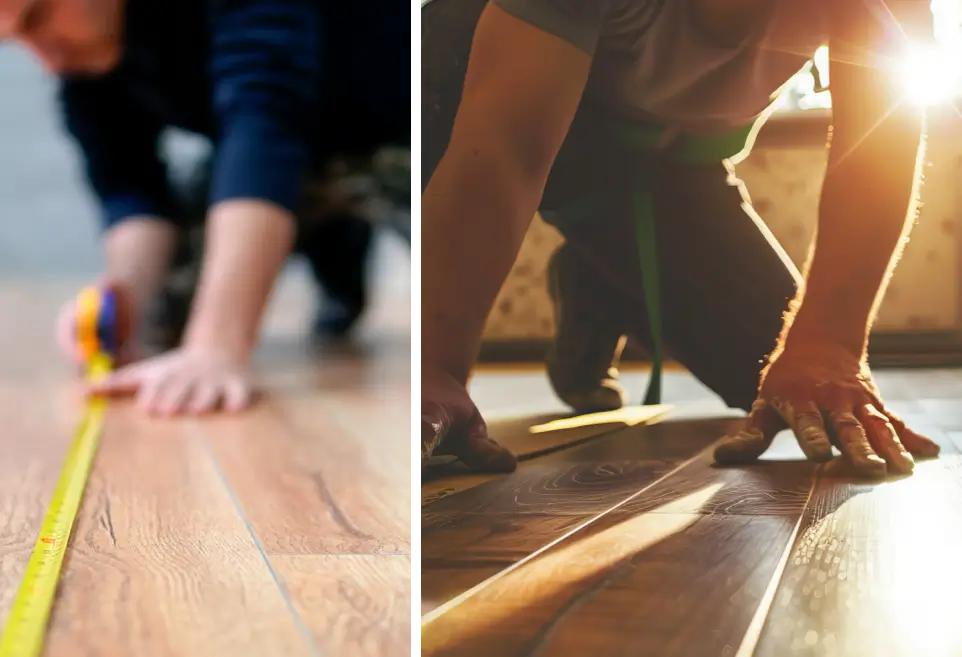 closeup of someone measuring hardwood flooring during installation | House of Carpets & Lighting