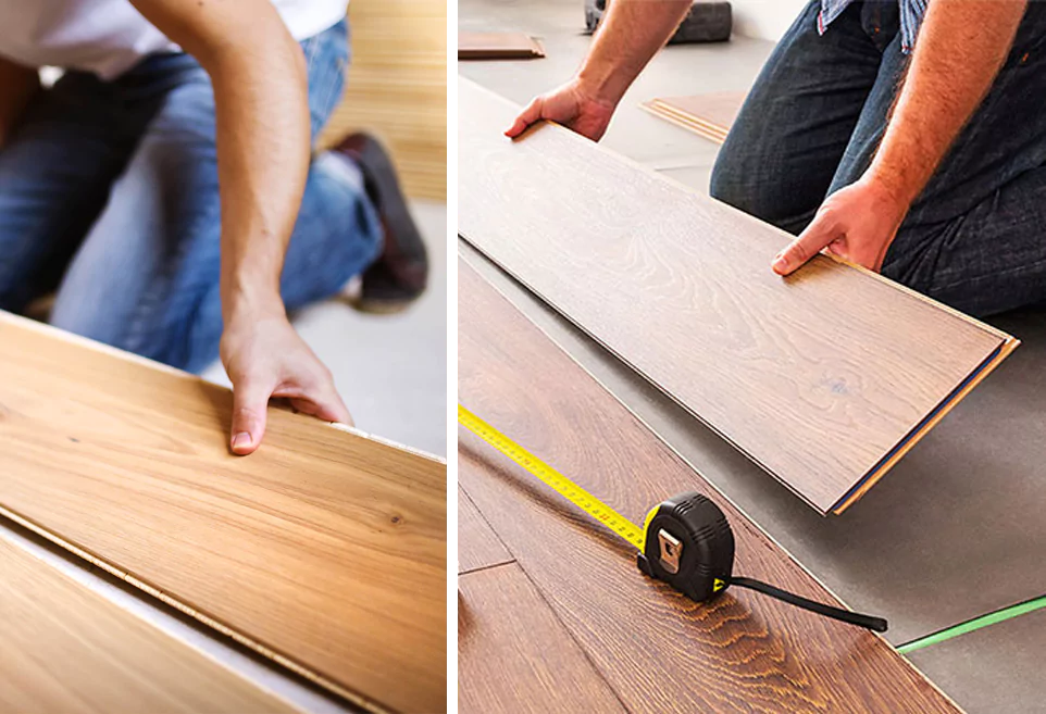 close up photos of someone installing laminate flooring | House of Carpets and Lighting